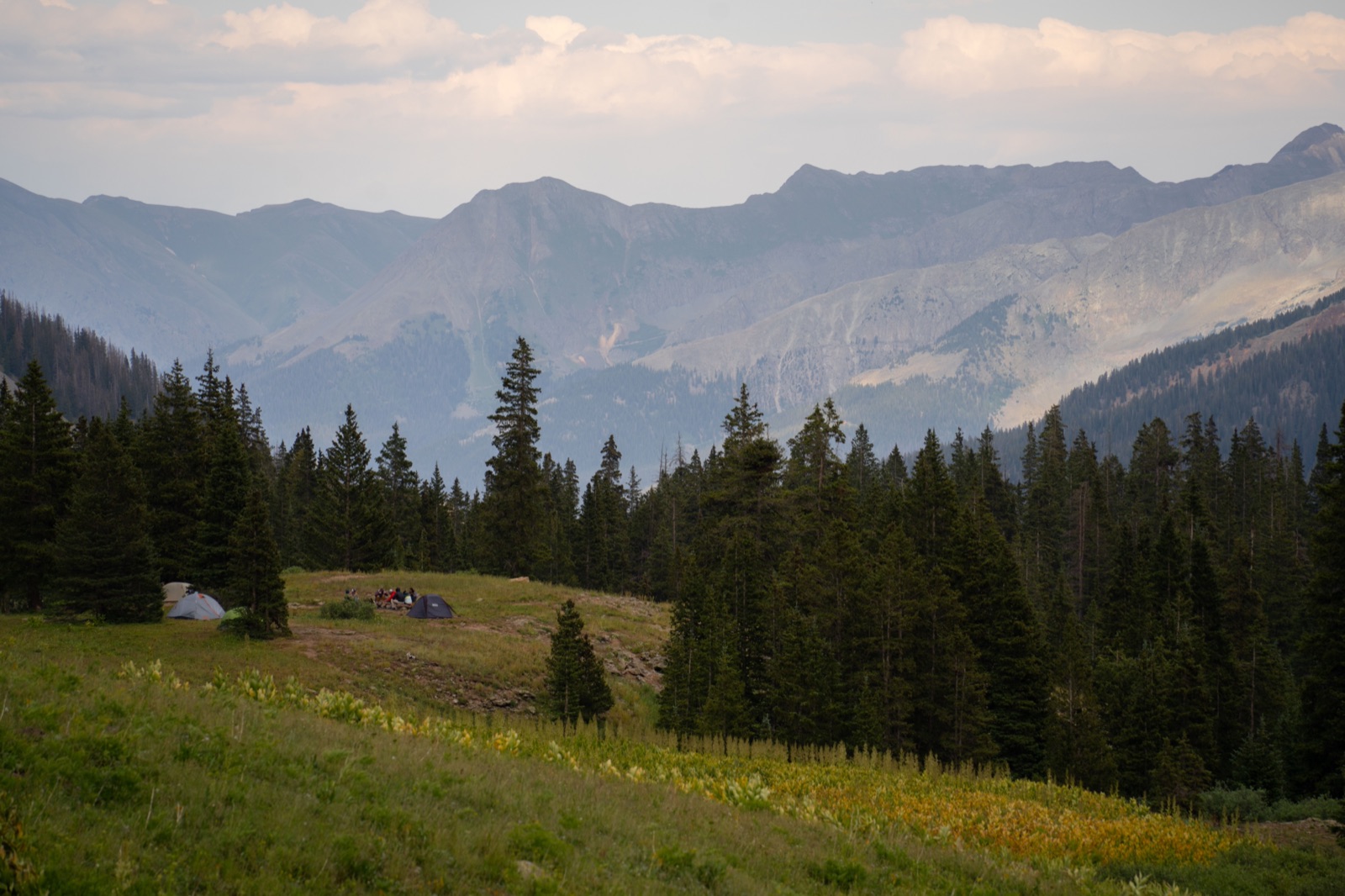 Two small tents in a high meadow at the edge of a spruce forest below a mountain range