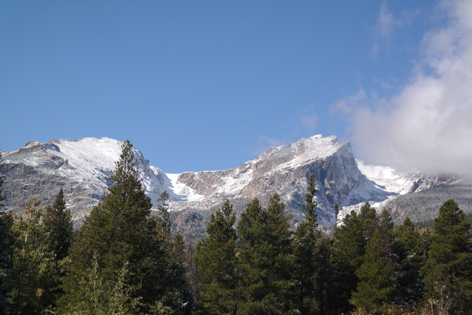 Snow-dusted peaks above a line of evergreens near Estes Park, Colorado
