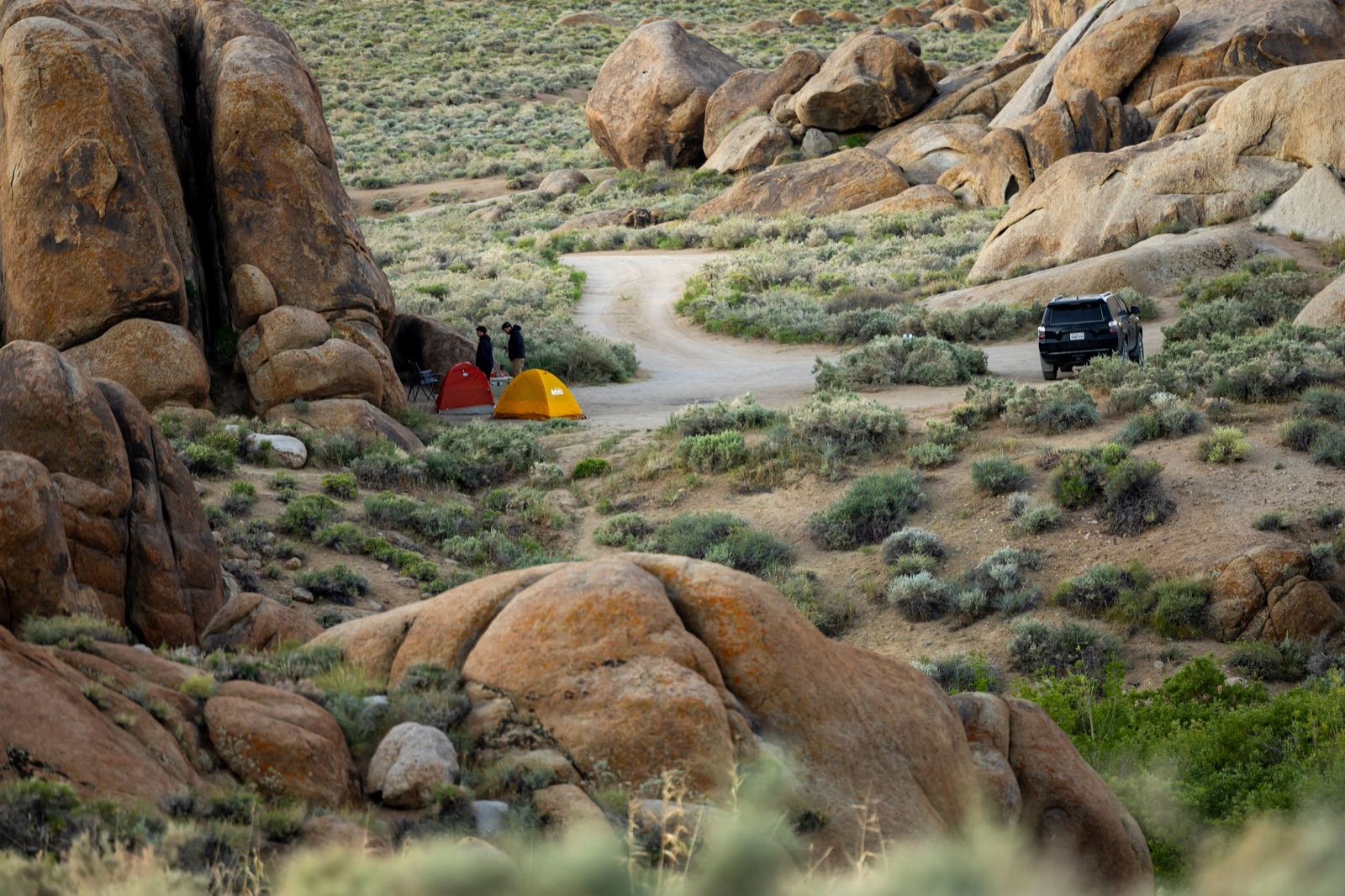 Two tents and an SUV parked on a dirt road among granite boulders and sagebrush